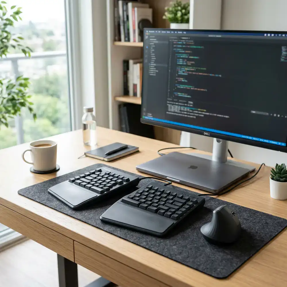 Ergonomisch toetsenbord en muis op een strak bureau