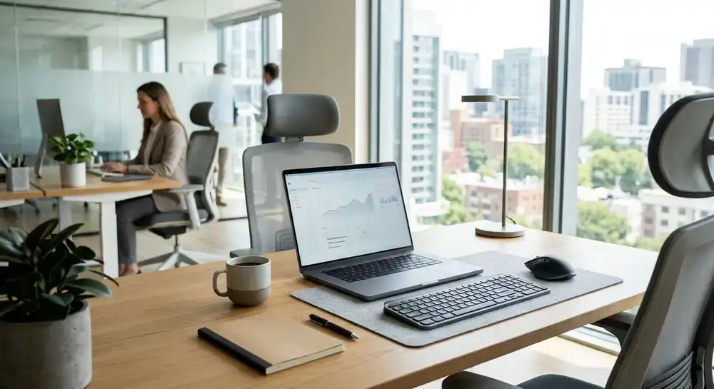 Moderne kantooromgeving met hoogwaardige laptop en accessoires