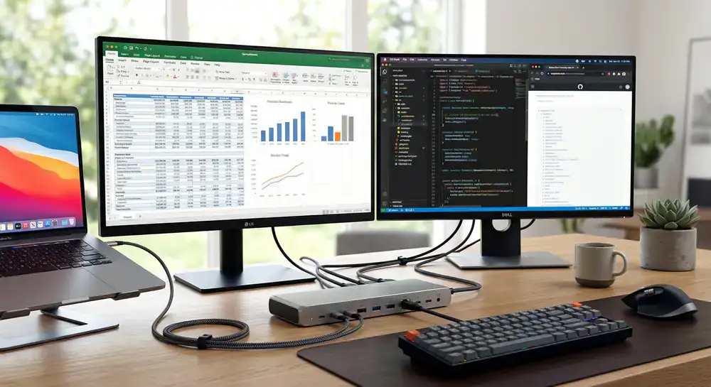 Detailopname van een high-end docking station verbonden met meerdere monitoren
