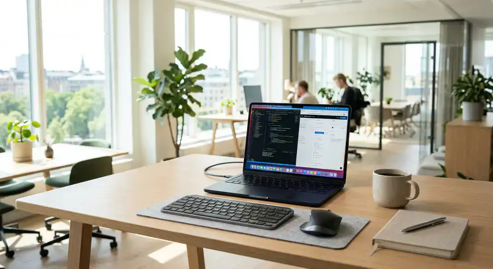 Moderne kantooromgeving met hoogwaardige laptop en accessoires