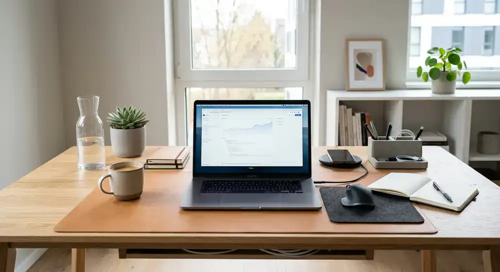 Premium georganiseerde werkplek met laptop en accessoires