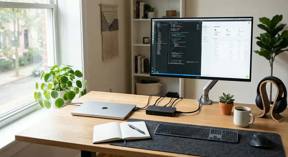 Moderne georganiseerde werkplek met premium laptop en docking station