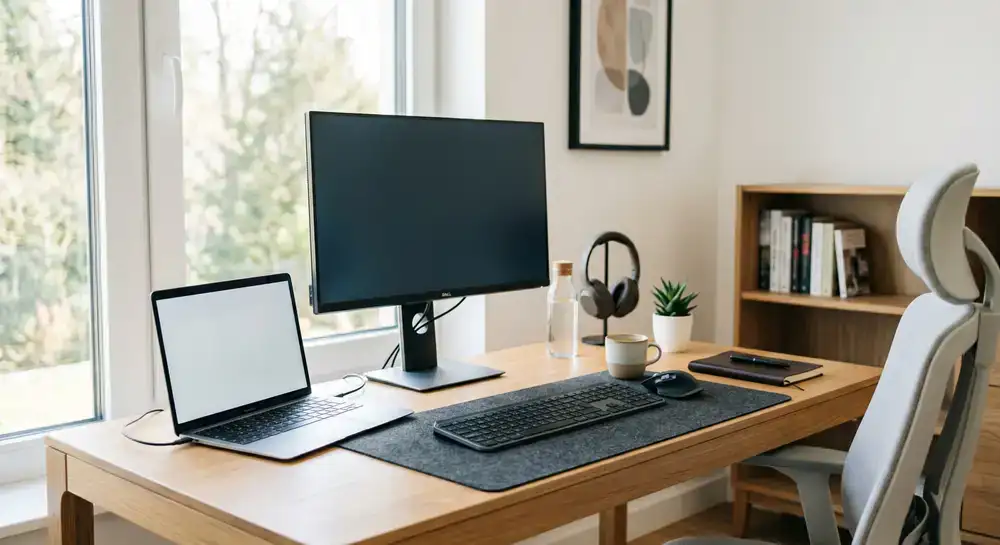 Professionele bureau opstelling met laptop, monitor en accessoires